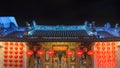 Penang, Malaysia - February 12, 2019. Light and lanterns decoration Han Jiang Ancestral Temple by night, Teochew association