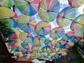 PENANG, MALAYSIA - July 19, 2020 - Street decorated with colored umbrellas. Penang, Malaysia