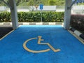 Parking for the disabled. The parking lot has a blue background and has a special logo.