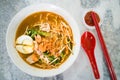 Penang popular prawn mee noodles with eggs, and small shrimp Royalty Free Stock Photo
