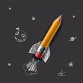 Pencil as a rocket flying in the space. Creative idea and startup Royalty Free Stock Photo