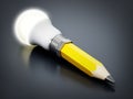 Pencil with atached lightbulb on black background. 3D illustration Royalty Free Stock Photo