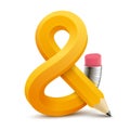 Pencil bent into an ampersand sign with pink eraser and metal clamp. Vector realistic isolated illustration