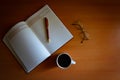 Pencil, blank journal, reading glasses and cup of coffee Royalty Free Stock Photo