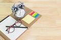 Pencil, Blue file, glasses on white wood table concept Office equipment