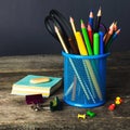 Pencil-box and school equipment on table. Back to school Royalty Free Stock Photo