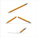 Pencil, broken pencil and pencil with a broken tip isolated on white background. Vector realistic illustration.