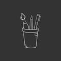 Pencil and brush in cup in doodle style, vector illustration. Sketch of school tools, hand drawn icon. Isolated chalk