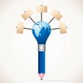 Pencil with bulb at top and world map Royalty Free Stock Photo