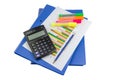 Pencil, calculator, Blue file, graph sheet, Color highlight pen on white background isolated Royalty Free Stock Photo