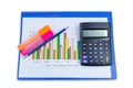 Pencil, calculator, Blue file, graph sheet, Color highlight pen on white background isolated Royalty Free Stock Photo