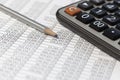 Pencil and calculator on desk table with financial account documents report Royalty Free Stock Photo