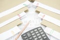 Pencil and calculator between stack paperwork report with envelope Royalty Free Stock Photo