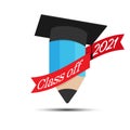 Pencil and the cap of the graduate with tape and the Class of 2021. Color vector illustration for logo, sticker and label