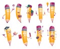 Pencil cartoon. Cute humanized pencil characters with arms and face emoji illustrations set Royalty Free Stock Photo