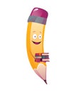 Pencil cartoon. Cute humanized pencil character with arms and face emoji illustration with book Royalty Free Stock Photo