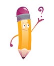 Pencil cartoon. Cute humanized pencil character with arms and face emoji illustration. Question