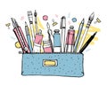 Pencil case with art materials. Brushes, tubes, pens and pencils. Hand drawn sketch vector colorful illustration