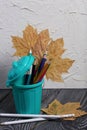 A pencil case in the form of a trash can. It contains colored pencils. Dried maple leaves are added to the compositions Royalty Free Stock Photo
