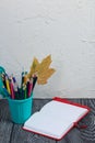 A pencil case in the form of a trash can. It contains colored pencils. Nearby is a notebook for notes. Dried maple leaves are Royalty Free Stock Photo
