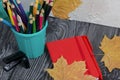 A pencil case in the form of a trash can. It contains colored pencils. Nearby is a notebook for notes. Dried maple leaves are Royalty Free Stock Photo