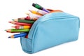 Pencil case full with pens and pencils, isolated on white background Royalty Free Stock Photo