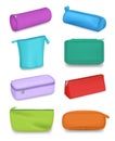 Pencil case. Stationery containers in realistic style decent vector colored templates