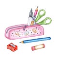 Pencil case with watercolor pens, pencils and scissors Royalty Free Stock Photo