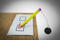 Pencil chained to a Wrecking ball demonstrating Election risk. 3D illustration. Royalty Free Stock Photo