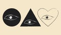 Pencil chalk stroke eye icons set in shapes of circle,triangle, heart. Pixel perfect. hand drawn scibble images in grey Royalty Free Stock Photo