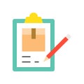 Pencil Checking list about parcel box on clipboard, Flat icon l