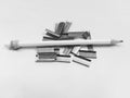 The pencil that is in the clip stapled on the table with a white pattern. Royalty Free Stock Photo