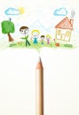 Pencil close-up with a drawing of a family Royalty Free Stock Photo