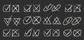 Pencil Color Check Box Vector Set. Chalk Scribble Tick Mark Shapes Collection. Colorful Hand Drawn Brush Texture
