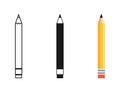 Pencil in different designs. Pencil with Rubber eraser, isolated on White background. Pencil with rubber eraser in modern simple