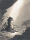 Pencil drawing of an anthropomorphic dragon in a cave Royalty Free Stock Photo