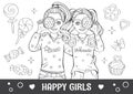 Pencil drawing. Antistress coloring book, page. Best friends. Cartoon stylish girl with donut. Set desserts. Children illustration Royalty Free Stock Photo