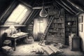 a pencil drawing of an attic filled with old books, dusty furniture and a forgotten childhood treasure Royalty Free Stock Photo