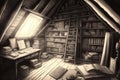 a pencil drawing of an attic filled with old books, dusty furniture and a forgotten childhood treasure Royalty Free Stock Photo