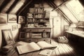 pencil drawing of an attic surrounded by vintage trunks, books and framed photos Royalty Free Stock Photo