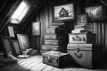 pencil drawing of an attic surrounded by vintage trunks, books and framed photos Royalty Free Stock Photo