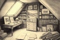 pencil drawing of an attic surrounded by vintage trunks, books and framed photos Royalty Free Stock Photo