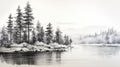 Realistic Watercolor Painting Of Pine Trees By A Lake