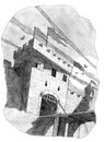 Pencil Drawing of Castle Tower and Gate in Moon Light Royalty Free Stock Photo