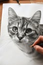 Pencil drawing cat on paper and hand of artist, photorealistic face of cute kitten, illustration. Painted animal portrait on white Royalty Free Stock Photo