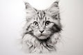 Pencil drawing cat on paper, photorealistic portrait of cute pet, illustration. Painted kitten face isolated on white background. Royalty Free Stock Photo