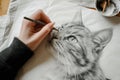 Pencil drawing cat on paper sheet and hand of artist, photorealistic face of cute pet, illustration. Painted animal portrait on Royalty Free Stock Photo