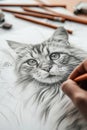 Pencil drawing cat on paper sheet and hand of artist, photorealistic face of cute pet, illustration. Painted animal portrait on Royalty Free Stock Photo