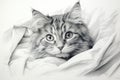 Pencil drawing cat on paper sheet, photorealistic portrait of cute pet lying on bed, illustration. Painted kitten face on white Royalty Free Stock Photo