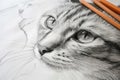Pencil drawing cat on paper on table, hyper realistic face of cute pet, illustration. Painted animal portrait on white background Royalty Free Stock Photo